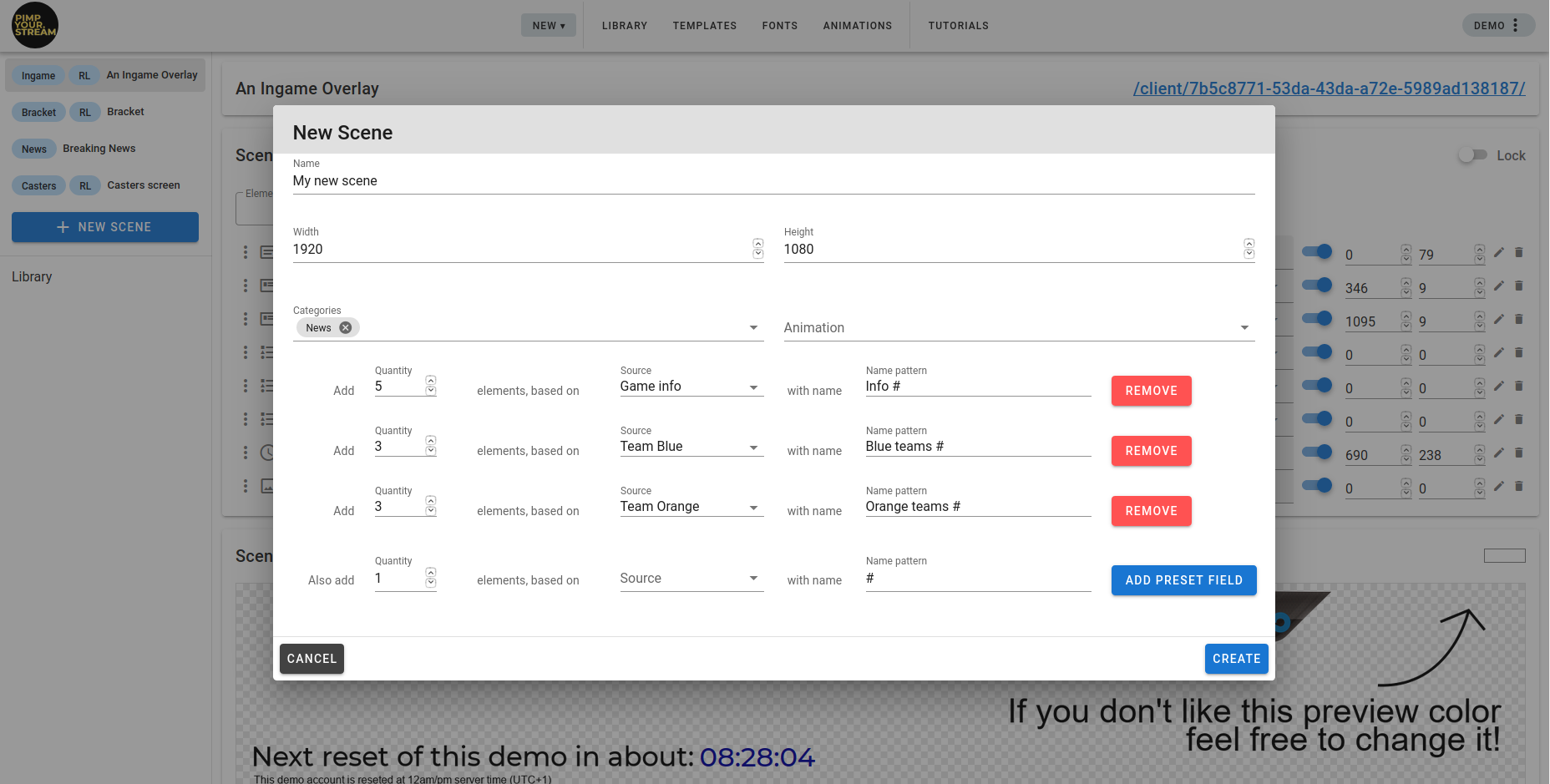 A scene with some preset elements